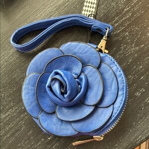 Royal Blue Floral leather Clutch with Sculptural Rose